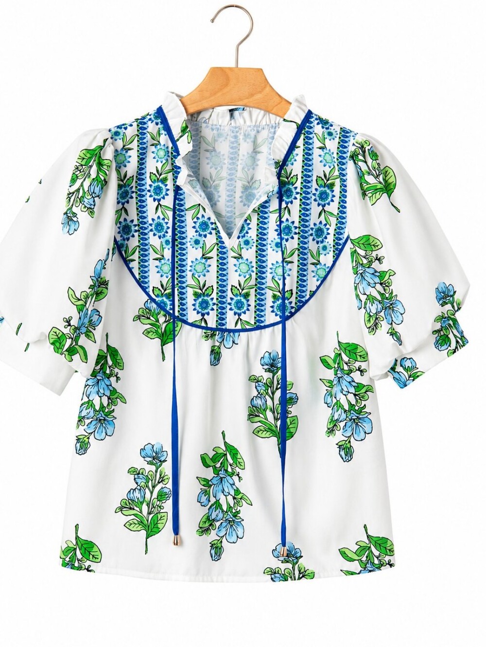 ENTRO Floral Embroidered Puff-Sleeve Peasant Top - White & Blue Size Large - Picture 3 of 5